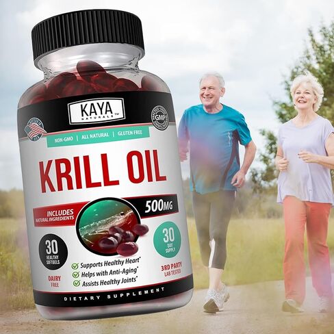 Kaya Naturals - Antarctic Krill Oil 500mg with Omega 3, EPA, DHA and Astaxanthin Supplement - Brain, Heart and Joint Health Vitamin - Heart Health Supplement - 30 Sofftgels in Kuwait
