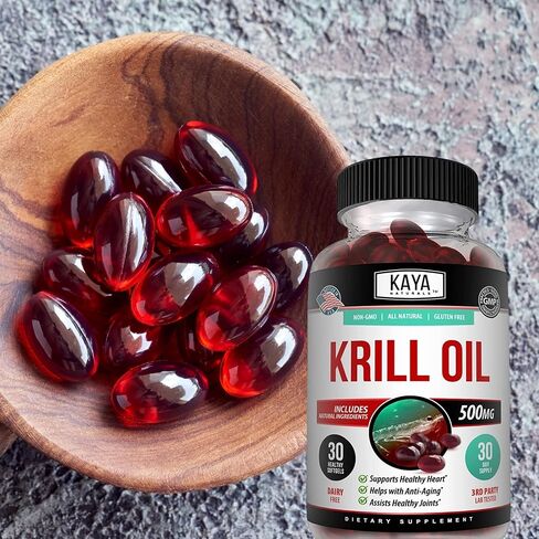 Kaya Naturals - Antarctic Krill Oil 500mg with Omega 3, EPA, DHA and Astaxanthin Supplement - Brain, Heart and Joint Health Vitamin - Heart Health Supplement - 30 Sofftgels in Kuwait