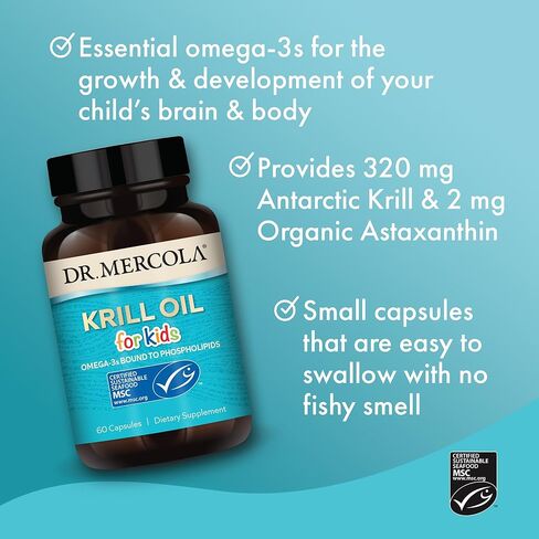 Dr. Mercola Krill Oil for Kids, 30 Servings (60 Capsules), Dietary Supplement, Omega-3s Bound to Phospholipids, Non-GMO, MSC Certified in Saudi Arabia