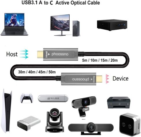 phoossno USB C إلى C كابل الألياف الضوئية USB 3.1 نوع C كابل 10 جيجابت في الثانية 50FT متوافق مع كاميرا Microsoft Azure Logitech Aver & Vaddio & Barco ClickShare Touch Screen Kinect Intel RealSense in Kuwait