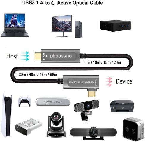 phoossno USB C إلى C كابل الألياف الضوئية USB 3.1 نوع C كابل 10 جيجابت في الثانية 50FT متوافق مع كاميرا Microsoft Azure Logitech Aver & Vaddio & Barco ClickShare Touch Screen Kinect Intel RealSense in Kuwait