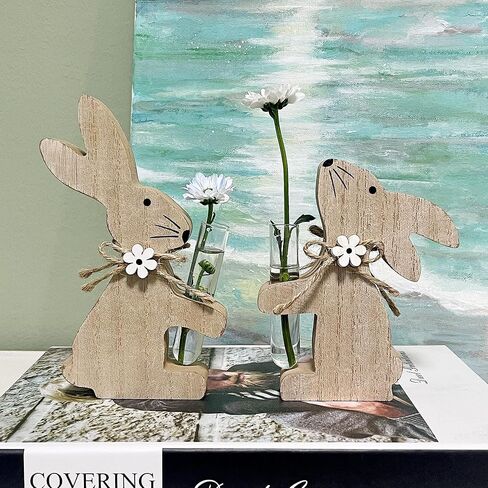 Meekear 2 حزم خشبية المزهريات زهرة الأرنب، الأرانب عيد الفصح Burlywood عقد المزهريات أنبوب اختبار الزجاج لفصل الربيع مدخل المنزل منضدية الحلي عتبة النافذة ديكور هووسورمينغ الهدايا in Kuwait