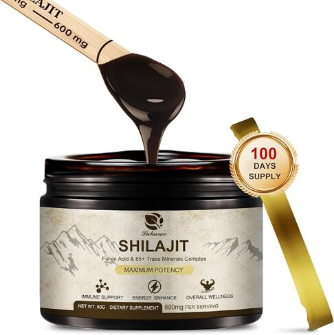 600 ملغ من راتنج شيلاجيت الهيمالايا، شيلاجيت عضوي نقي من الهيمالايا، مكمل شيلاجيت مع النقاء، جرعة عالية وفعالية للطاقة والقوة والمناعة، للرجال والنساء، 60 جرام، 100 حصة in Kuwait