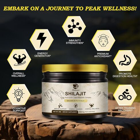 600 ملغ من راتنج شيلاجيت الهيمالايا، شيلاجيت عضوي نقي من الهيمالايا، مكمل شيلاجيت مع النقاء، جرعة عالية وفعالية للطاقة والقوة والمناعة، للرجال والنساء، 60 جرام، 100 حصة in Kuwait