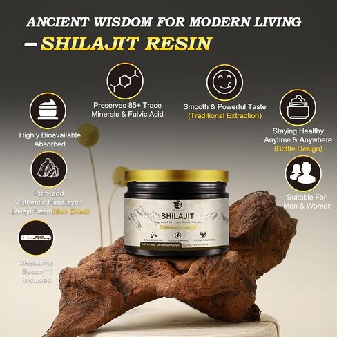 600 ملغ من راتنج شيلاجيت الهيمالايا، شيلاجيت عضوي نقي من الهيمالايا، مكمل شيلاجيت مع النقاء، جرعة عالية وفعالية للطاقة والقوة والمناعة، للرجال والنساء، 60 جرام، 100 حصة in Kuwait