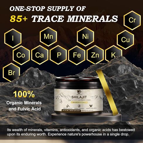 600 ملغ من راتنج شيلاجيت الهيمالايا، شيلاجيت عضوي نقي من الهيمالايا، مكمل شيلاجيت مع النقاء، جرعة عالية وفعالية للطاقة والقوة والمناعة، للرجال والنساء، 60 جرام، 100 حصة in Kuwait