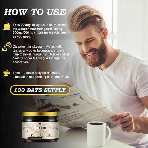 600 ملغ من راتنج شيلاجيت الهيمالايا، شيلاجيت عضوي نقي من الهيمالايا، مكمل شيلاجيت مع النقاء، جرعة عالية وفعالية للطاقة والقوة والمناعة، للرجال والنساء، 60 جرام، 100 حصة in Kuwait