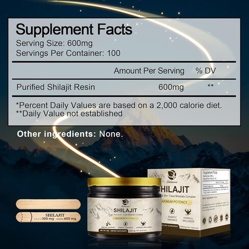 600 ملغ من راتنج شيلاجيت الهيمالايا، شيلاجيت عضوي نقي من الهيمالايا، مكمل شيلاجيت مع النقاء، جرعة عالية وفعالية للطاقة والقوة والمناعة، للرجال والنساء، 60 جرام، 100 حصة in Kuwait