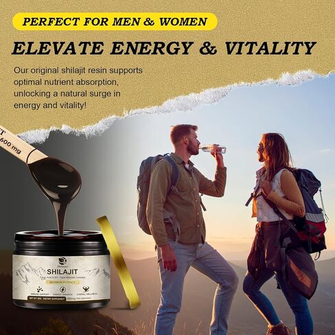 600 ملغ من راتنج شيلاجيت الهيمالايا، شيلاجيت عضوي نقي من الهيمالايا، مكمل شيلاجيت مع النقاء، جرعة عالية وفعالية للطاقة والقوة والمناعة، للرجال والنساء، 60 جرام، 100 حصة in Kuwait