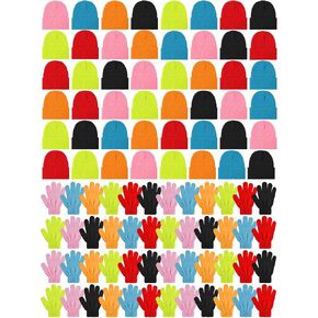 Retisee 96 Pcs Kids Winter Beanie and Gloves Set Knit Hat Bulk Warm Gloves Cap for Boys Girls Homeless Gift