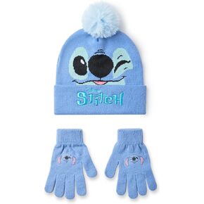 Disney Lilo & Stitch Girls Beanie Hat & Gloves Set | Blue Knitted Winter Hat with Stitch Character Face | Kids One Size Pom Pom Beanie with Heat Transfer Print Gloves | Classic Movie Merchandise Gift