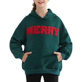 Weixinbuy Unisex Kids Christmas Sweatshirt Merry Graphic Crewneck Kangaroo Pocket Oversized Hoodie for Boys Girls 7-14Y