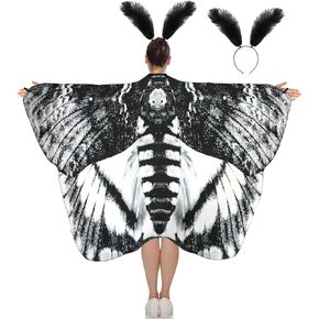 Moth Butterfly Wings Cape Adult Costume with Feather Headband for Halloween
