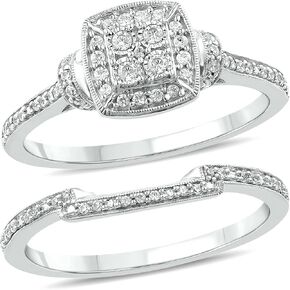 1/4cttw Diamond Square Cluster Halo Engagement Ring with Matching Diamond Wedding Band for Women in 925 Sterling Silver, Women's Silver Wedding Ring Set with Diamond Accented Bands