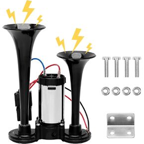 12V 600DB Upgraded Car Air Horn Super Loud Dual Trumpets Electric Train Horn for Pickup Trucks Kits with Air Compressor Compatible with 12V Vehicles Cars Boats Trucks Suvs(Black)
