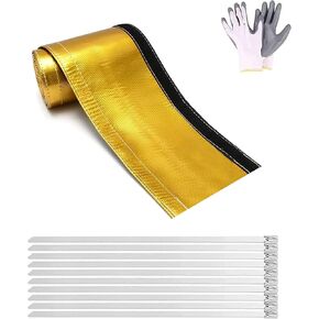 Heat Shroud Gold Foil Sleeving Heat Shield Fuel line Wire Heat Sleeve for Ultimate Heat Protection Hose Wire Sleeving, 3/4" I.D.x 10FT with 10PCS Stainless Steel(304) Cable Metal Ties-Gold Foil