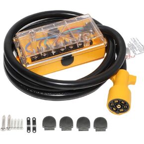 7 Way Plug Inline Trailer Cord 8Ft w/ 7 Gang Junction Box, UL Listed Heavy Duty 7 Terminals Trailer Electrical Box Waterproof Clear Transparent Cover for Rewiring RV Camper Trailer Light, Yellow