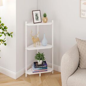 Corner Shelf Stand - 3 Tier Bamboo Small Corner Bookshelf for Office Kitchen Bedroom Plant Stand Living Room Decor Small Space (White)