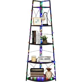 70 inch Tall Corner Shelf with String Light 5 Tier Corner Ladder Shelf Wooden Corner Bookshelf Bookcase Rustic Unit Indoor Plant Stand for Living Room, Kitchen, Home Office, Holiday Decoration