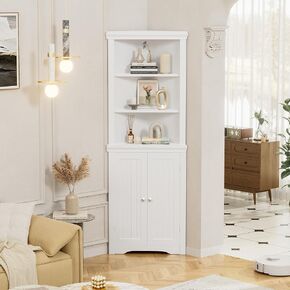 Flamaker Corner Cabinet, Freestanding Corner Shelf with 2 Doors and 3 Shelves, Bathroom Corner Storage Cabinet for Bathroom, Living Room, Bedroom or Kitchen (Black)