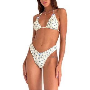 Alyweatry Women Y2k Bikinis Sets Coquette Aesthetic Bows Halter Tie Up Bikini Top High Cut Elastic Waist Bikini Bottom