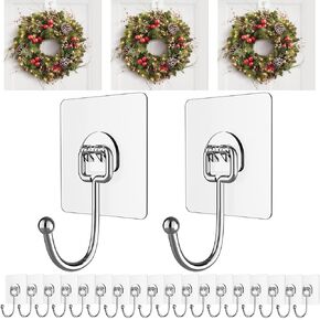 Big Wreath Hangers for Front Door,Large Clear Wreath-Door-Hanger-Easter-Christmas-Halloween-Decorations,60lb Over-The-Door-Hooks Glass Door,Adhesive Wall-Hooks for Hanging Wreath Home-Decor (10) (10)
