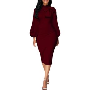 BestGirl Women's Bishop Sleeve Bodycon Dresses Work Casual Floral Print Pencil Midi Dresses
