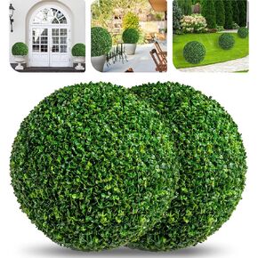16 Inch Artificial Plant Topiary Ball Set of 2 Green Boxwood Balls with 8 Layers Leaves UV Protection Faux Evergreen Plants Outside Decor for Porch Garden Backyard