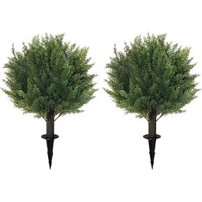 16'' Artificial Cedar Topiary Ball Trees with Ground Spike, UV Resistant Artificial Bushes, Set of 2 Faux Cypress Plants Faux Shrubs for Outdoor Indoor Front Porch Garden
