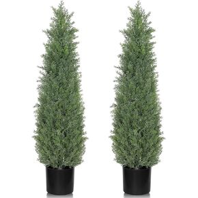 Artificial Cedar Topiary Trees, 5 FT Outdoor Faux Cedar Tree Evergreen Plant, 60 inch UV Rated and Fake Potted Cypress Tree Shrubs for Gateway Front Door Porch, Indoor Home Decor, Set of 2