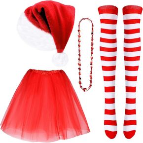 Geyoga 4 Pack Women Christmas Costume Set Christmas Santa Hat Tutu Skirt Striped Tights for Christmas Holiday Party