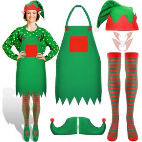 Haysandy 6 Pack Christmas Elf Costume Women Elf Apron Santa's Helper Elf Hat Shoes Socks Ears Xmas Outfit for Adults(1 Set)