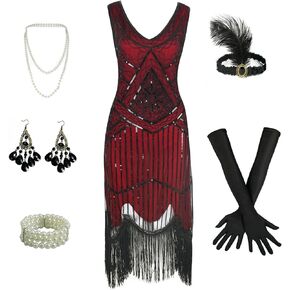 1920s Gatsby Sequin Fringed Beaded Flapper Dress Cocktail Dress with Roaring 20s Accessories Set
