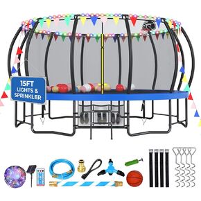 12 14 16FT Outdoor Trampoline for Kids and Adults, Large Recreational Trampoline with Net, Heavy Duty Trampoline with Basketball Hoop, Light, Stakes and Sprinkler