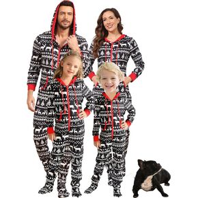 Veseacky Christmas Pajamas for Family Matching Sets Adult Onesie Zipper Hooded Footed One-Piece Pjs Jumpsuits