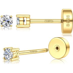 14kt Yellow Gold Plated Moissanite Stud Earrings with Flat Back,925 Sterling Silver Moissanite Earring for Women Men,Small Round Cut D Color VVS1 Lab Created Stud Earrings Hypoallergenic Jewelry Gift