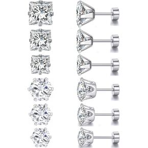 Screw Back Titanium Surgical Stainless Steel Square Princess Cut CZ Earrings Flat Back Packs Platinum Plated Hypoallergenic for Women Men Sensitive Ears Cubic Zirconia Simulated Diamond 20G Stud