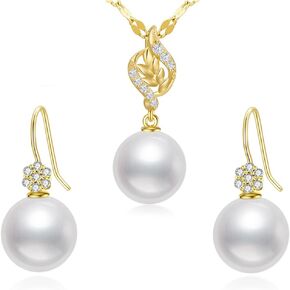 SISGEM 14k Gold Natural Diamond and Freshwater Cultured Pearl Necklace and Earrings, Fine Jewelry Set for Women