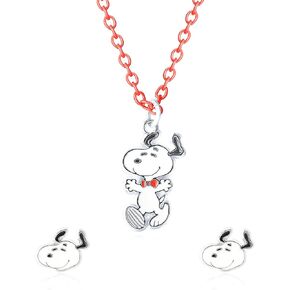 PEANUTS Snoopy Necklace and Snoopy Stud Earrings Jewelry Set Official License, 16"+3" Necklace with Red Chain