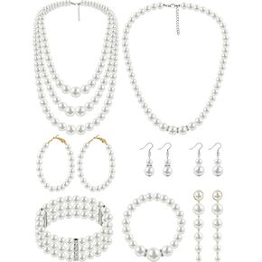 BBTO 8 Pcs Pearl Necklace and Earrings Set for Women Pearl Jewelry Set Faux Pearl Necklace Earrings Simulated Pearl Bracelets (Elegant Style)