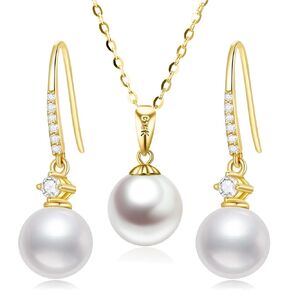 SISGEM 10K Gold Pearl Dangle Earrings and 14k Gold Pearl Pendant Necklace Set, Jewelry for Women in Saudi Arabia