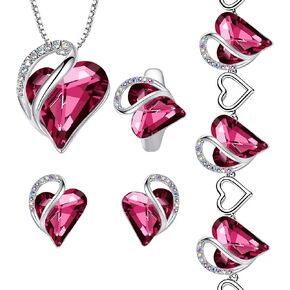 Leafael Infinity Love Heart Necklace, Stud Earrings, Bracelet, and Ring Set, October Birthstone Crystal Jewelry, Silver Tone Gifts for Women, Tourmaline Pink
