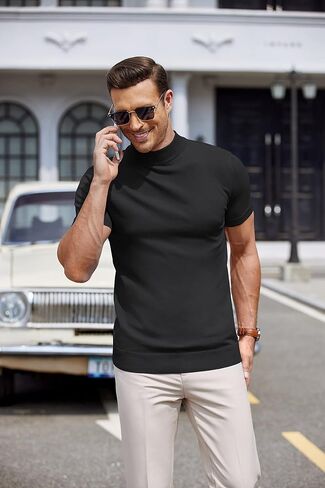COOFANDY Mens Mock Turtleneck Sweater Short Sleeve Solid Color T-Shirts Basic Slim Fit Knitted Pullover Tees in Saudi Arabia