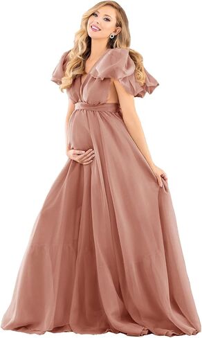 Chiffon V Neck Maternity Dress Robe for Photoshoot Maternity Pregnancy Baby Shower Sheer Puffy Gown in Saudi Arabia