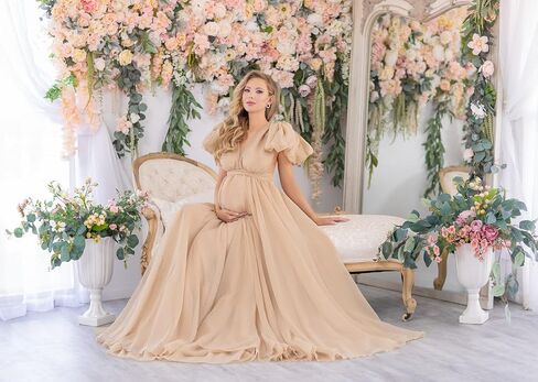 Chiffon V Neck Maternity Dress Robe for Photoshoot Maternity Pregnancy Baby Shower Sheer Puffy Gown in Saudi Arabia