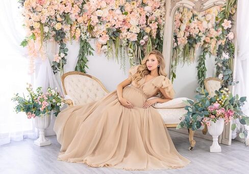 Chiffon V Neck Maternity Dress Robe for Photoshoot Maternity Pregnancy Baby Shower Sheer Puffy Gown in Saudi Arabia