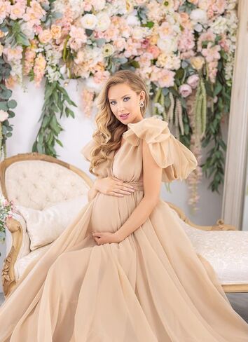 Chiffon V Neck Maternity Dress Robe for Photoshoot Maternity Pregnancy Baby Shower Sheer Puffy Gown in Saudi Arabia