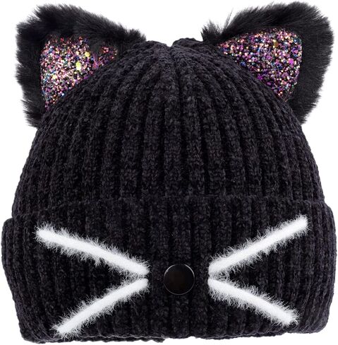 Girls Sequin Cat Ears Hats Cute Winter Beanies Hat for Outdoor Snow Ski Warm Knit Caps (Age 7-15) in Saudi Arabia