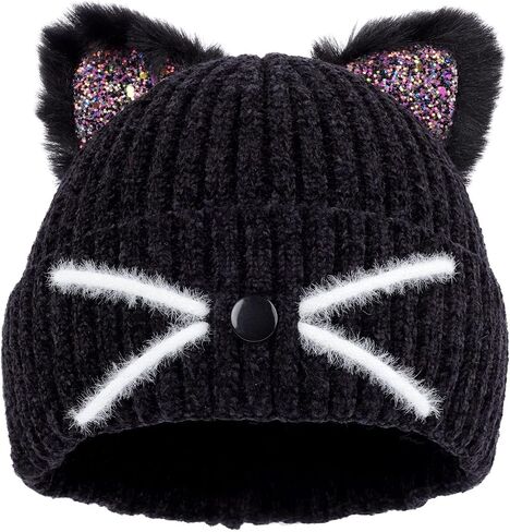 Girls Sequin Cat Ears Hats Cute Winter Beanies Hat for Outdoor Snow Ski Warm Knit Caps (Age 7-15) in Saudi Arabia