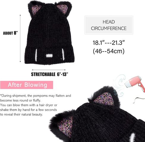 Girls Sequin Cat Ears Hats Cute Winter Beanies Hat for Outdoor Snow Ski Warm Knit Caps (Age 7-15) in Saudi Arabia